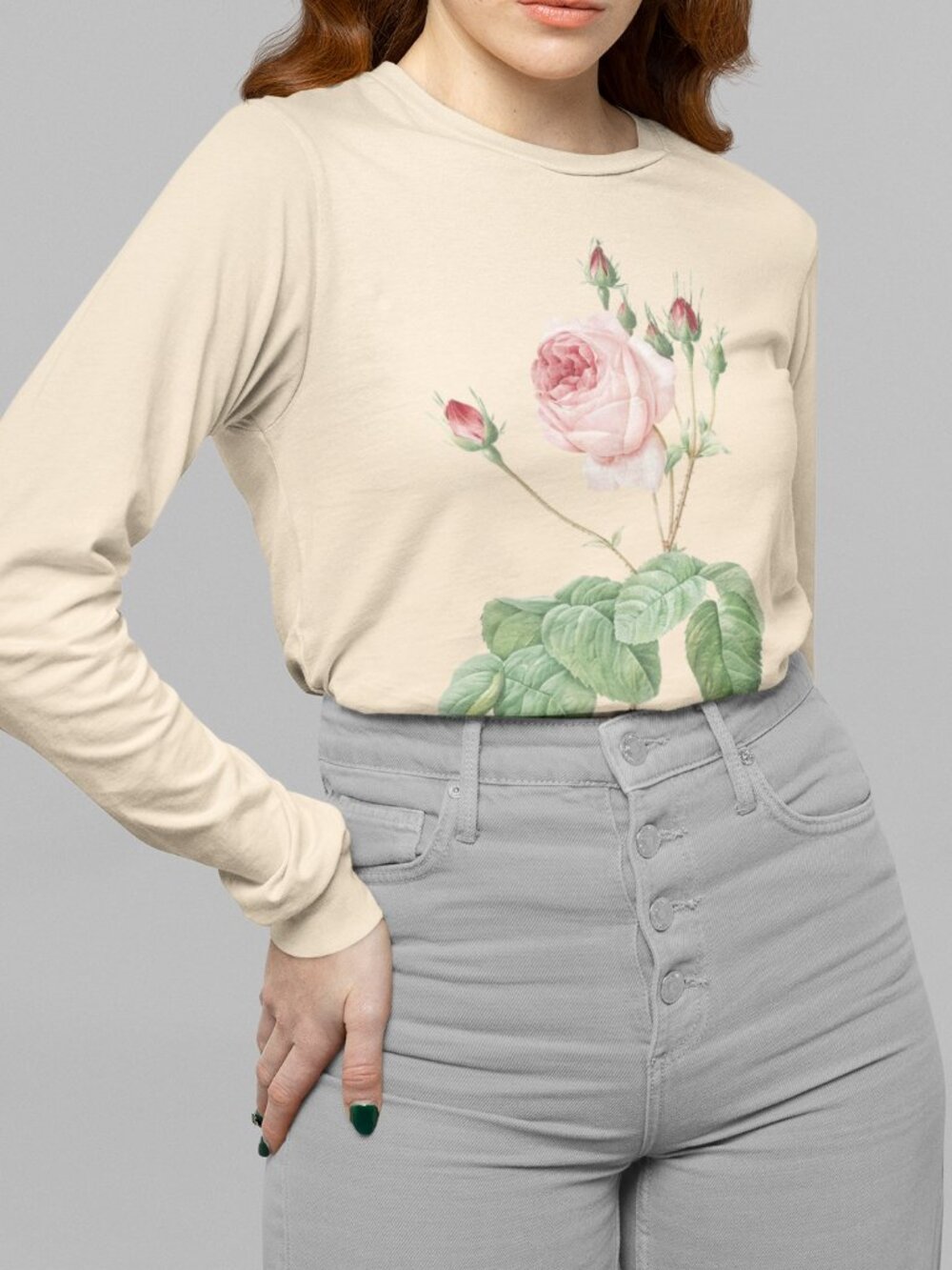 Cabbage Rose Vintage Floral Print Long Sleeve Graphic Tee T-shirt S-XXL